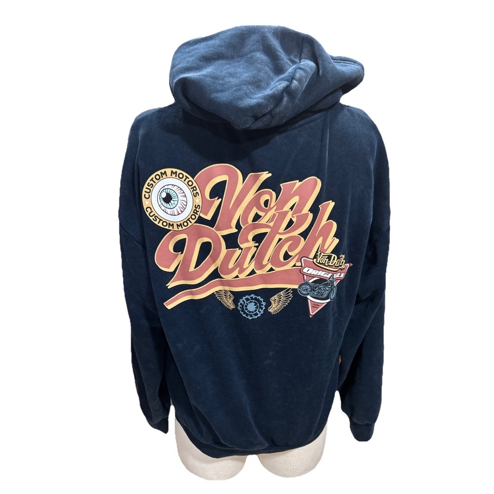 Von Dutch Mens Hoodie Medium Blue Motorcycle Pullover Sweatshirt Distressed